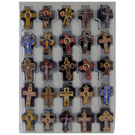 Wooden crosses in a decorative cross-shaped box with wax thread (25 pieces)
