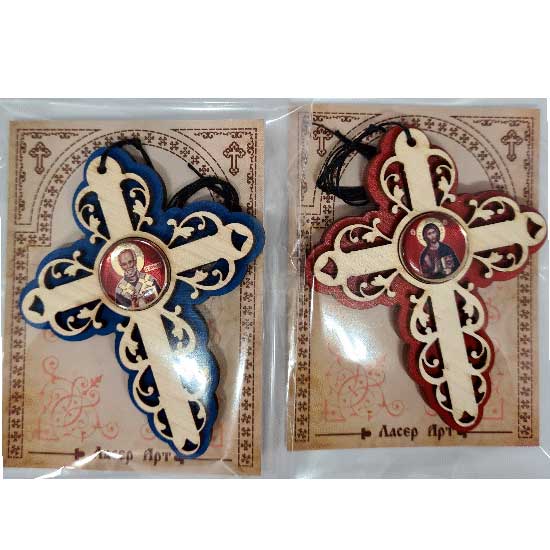 Wooden Three Layer Cross for Car White Angel Red (10x7.3)cm