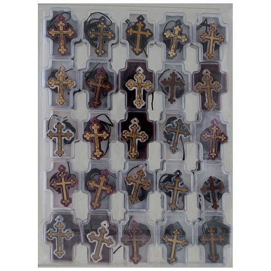 Wooden crosses in a decorative cross-shaped box with wax thread (50 pieces)
